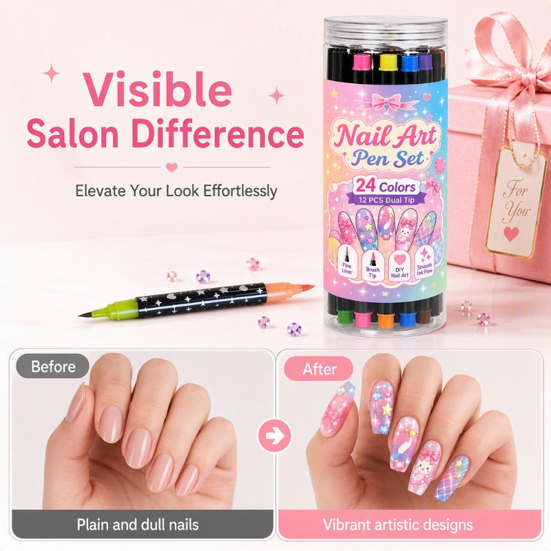 💅 24-Color Dual-Tip Nail Art Pen Set – DIY Manicure Drawing Kit 🎁