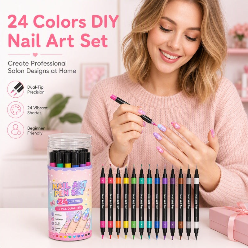 💅 24-Color Dual-Tip Nail Art Pen Set – DIY Manicure Drawing Kit 🎁