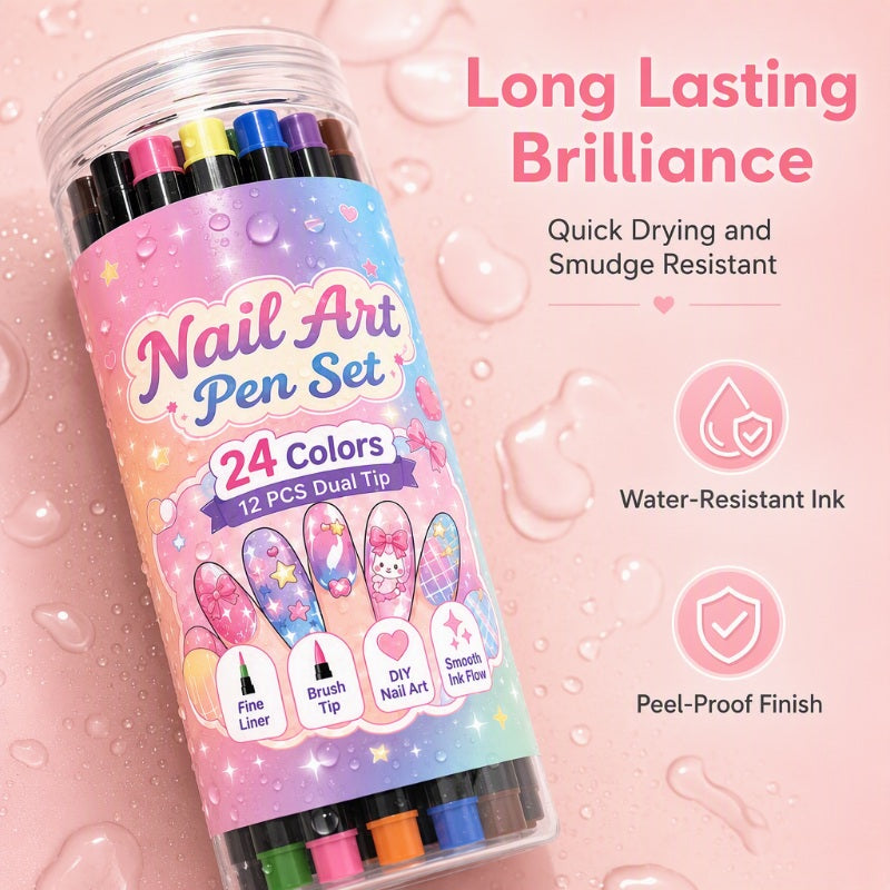💅 24-Color Dual-Tip Nail Art Pen Set – DIY Manicure Drawing Kit 🎁
